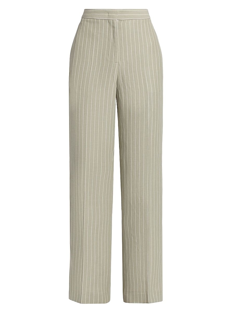 Women's Pinstripe Linen-Blend Straight-Leg Trousers - Argilla Bianco - Size 0
