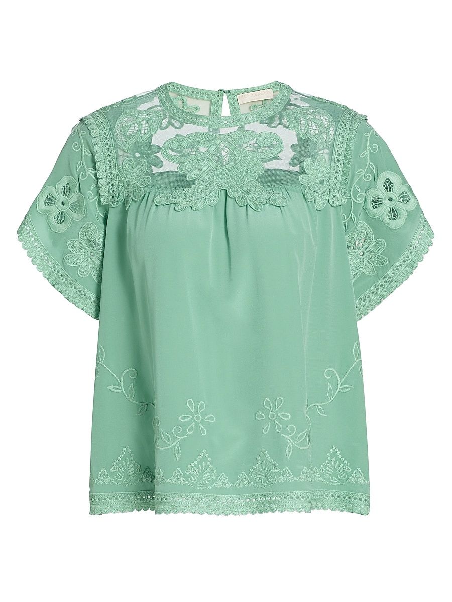 Women's Florence Embroidered Floral Silk Tulle Top - Arctic - Size 8