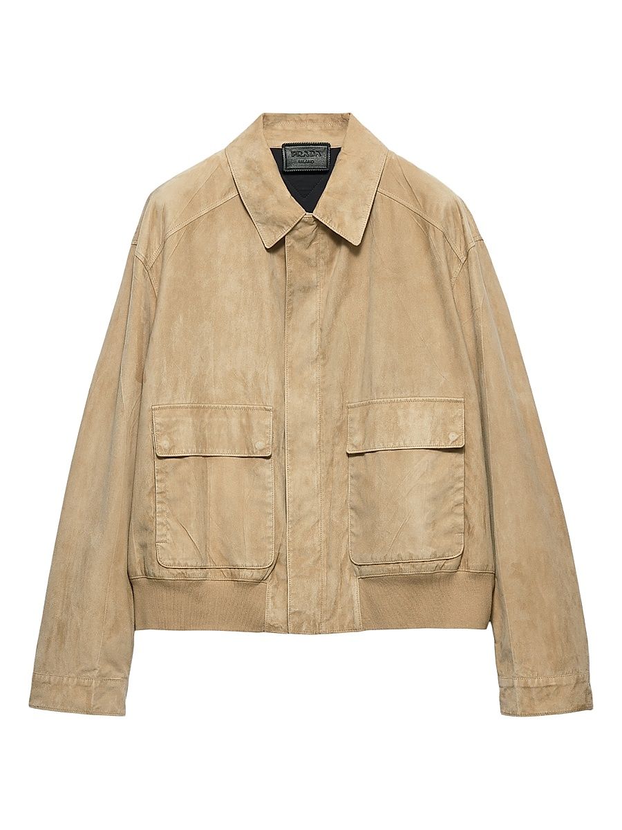 Men's Suede and Cotton Bomber Jacket - Beige Khaki - Size 38