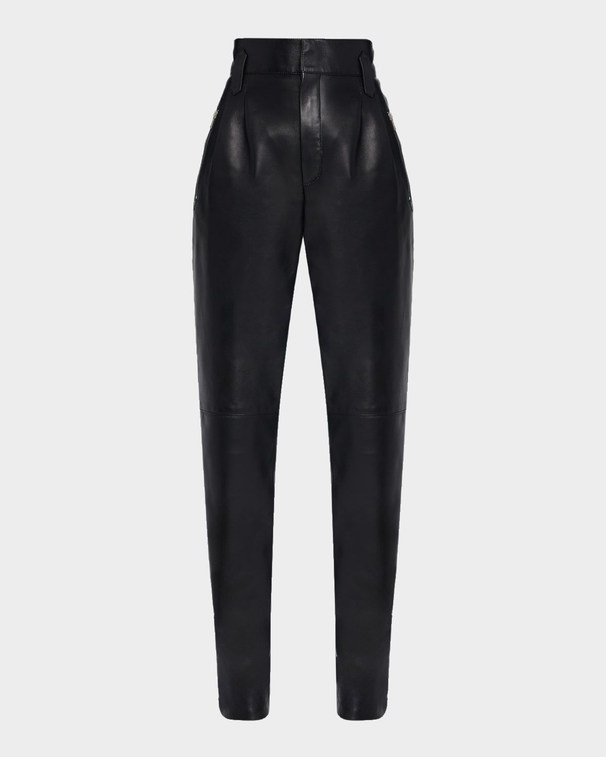 High-Rise Pleated Leather Tapered-Leg Pants