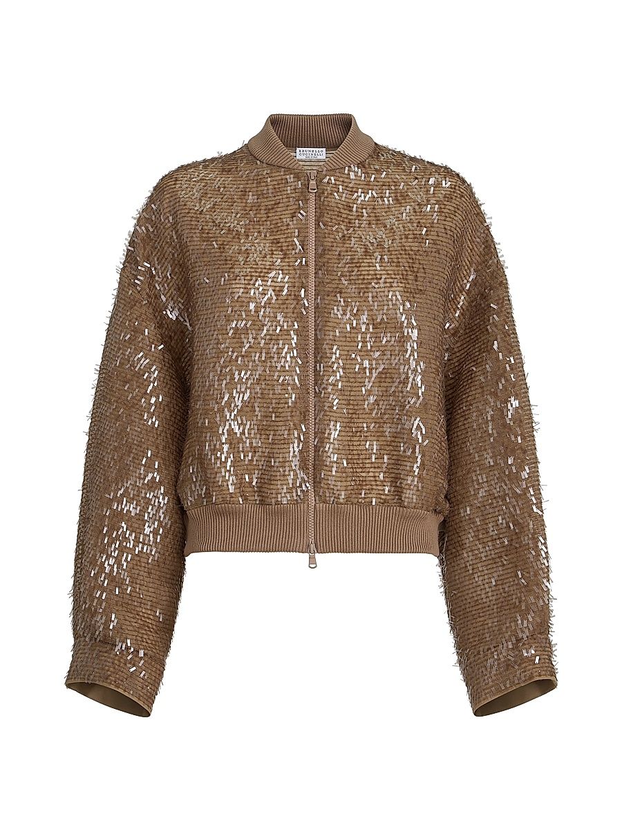 Women's Dazzling Cascade Embroidery Bomber Jacket in Crispy Silk - Beige - Size 4