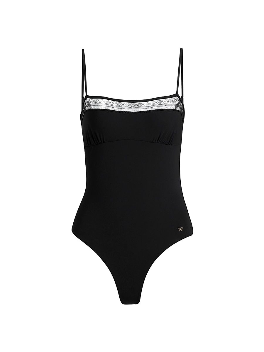 Women's Lace Inset One-Piece Swimsuit - Black - Size Large
