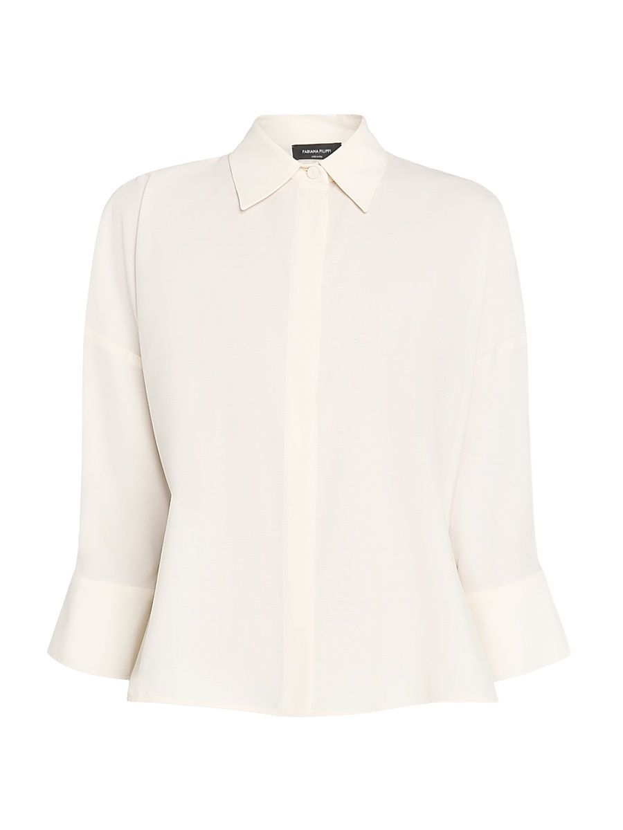 Women's Bistretch Wool Tulle Trim Button-Front Shirt - Acqua - Size 12