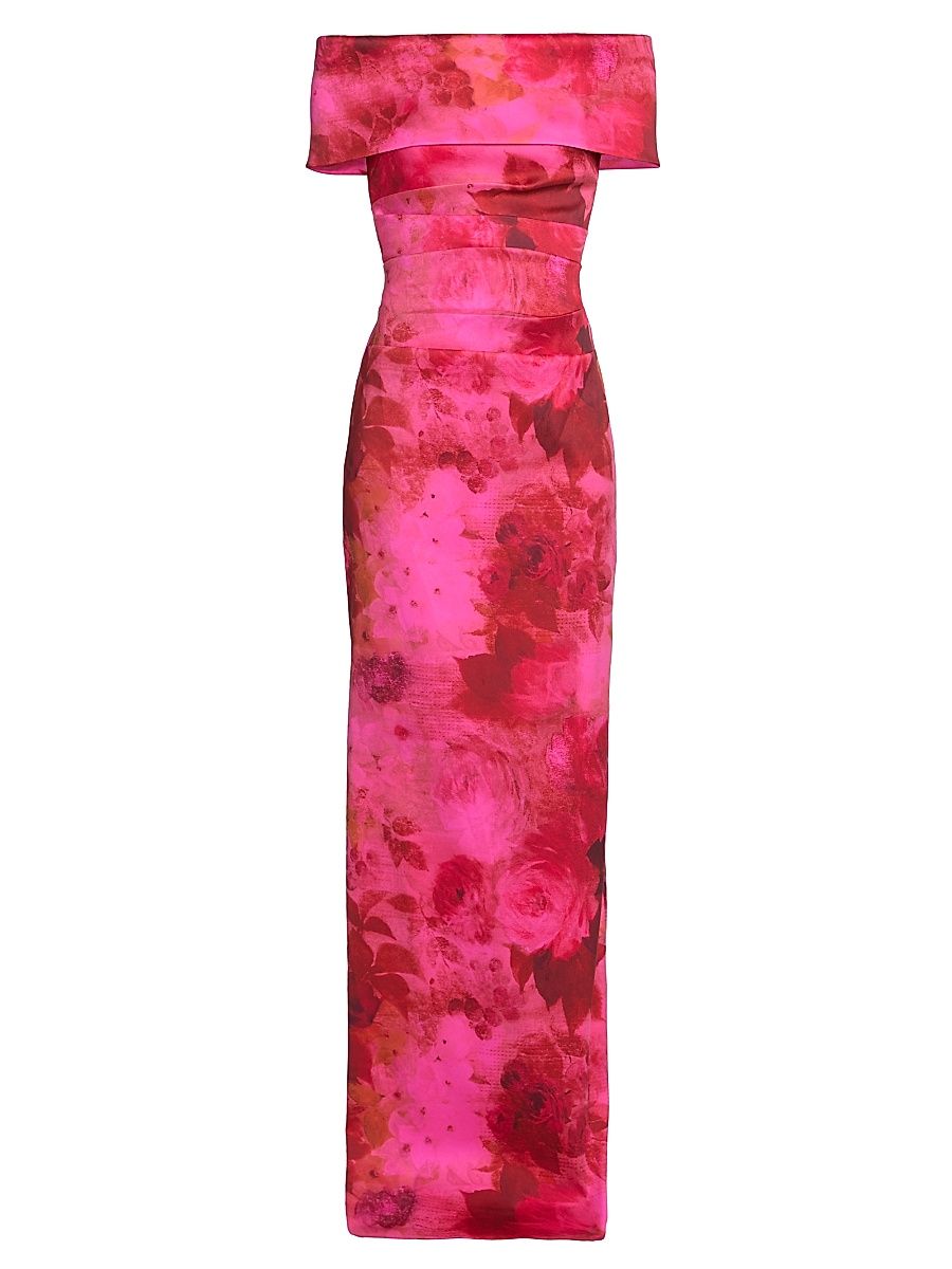 Women's Floral Off-the-Shoulder Ruched Gown - Fuschia Multi - Size 18