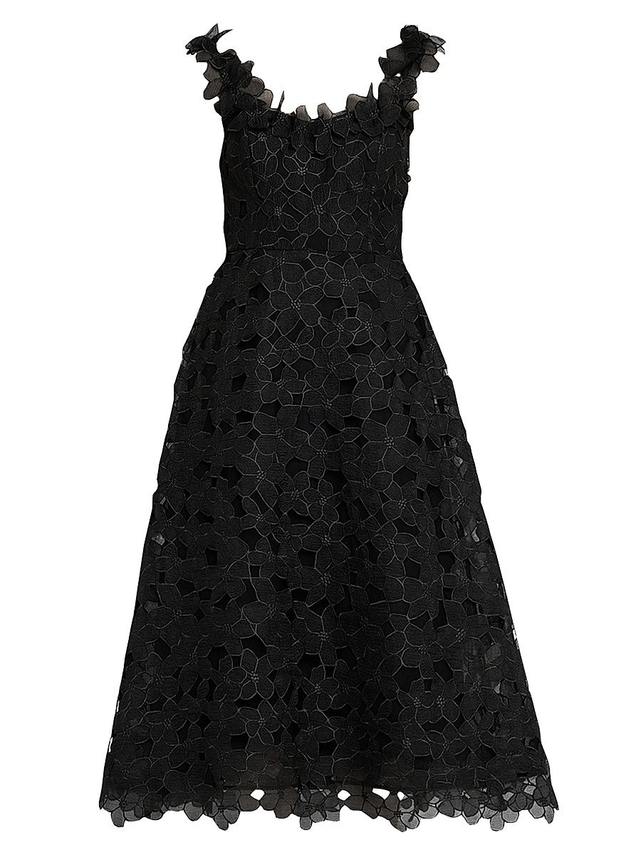 Women's 3D Floral Organza Lace A-Line Midi-Dress - Black Multi - Size 16