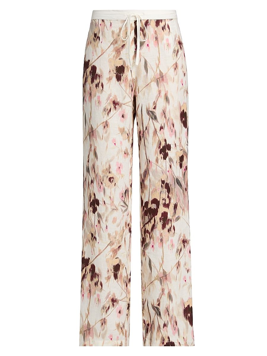 Women's Japanese Flower Print Drawstring Trousers - Washed Pink - Size XL