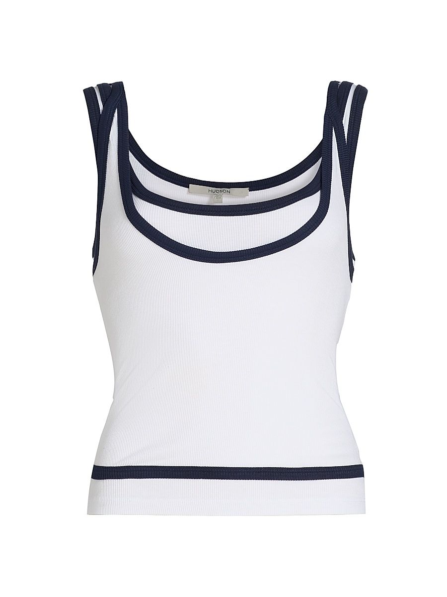 Women's Layered Piped Tank - White Navy - Size XS