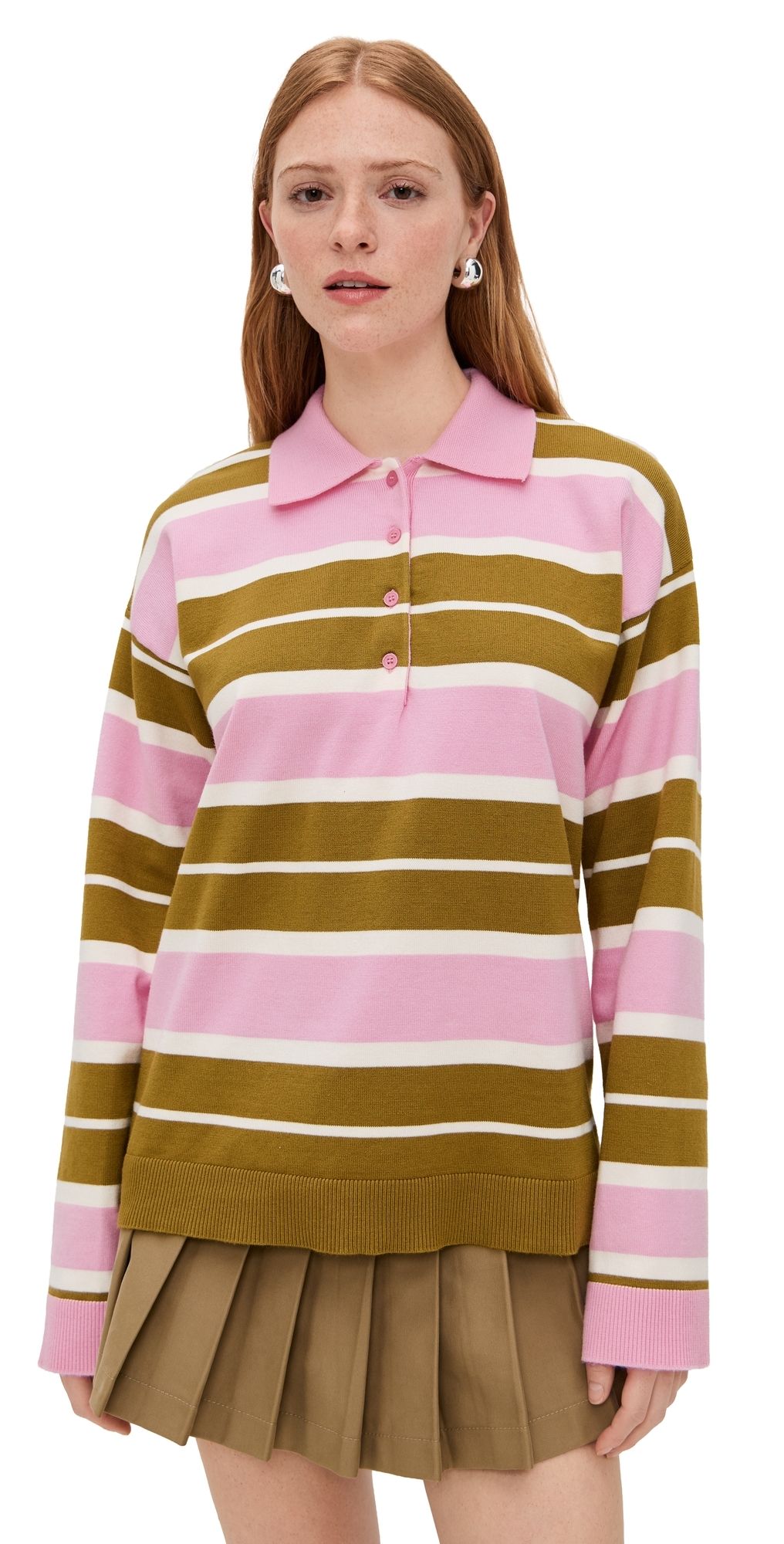 English Factory Striped Polo Knit Shirt Pistachio/Pink XL