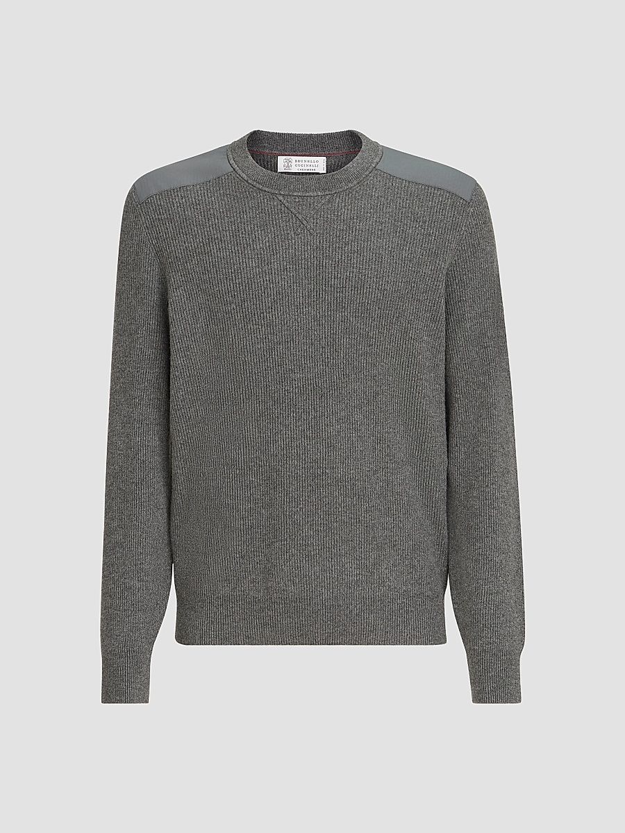 Men's Cashmere Ribbed Sweater with Cotton Inserts - Lead - Size 46