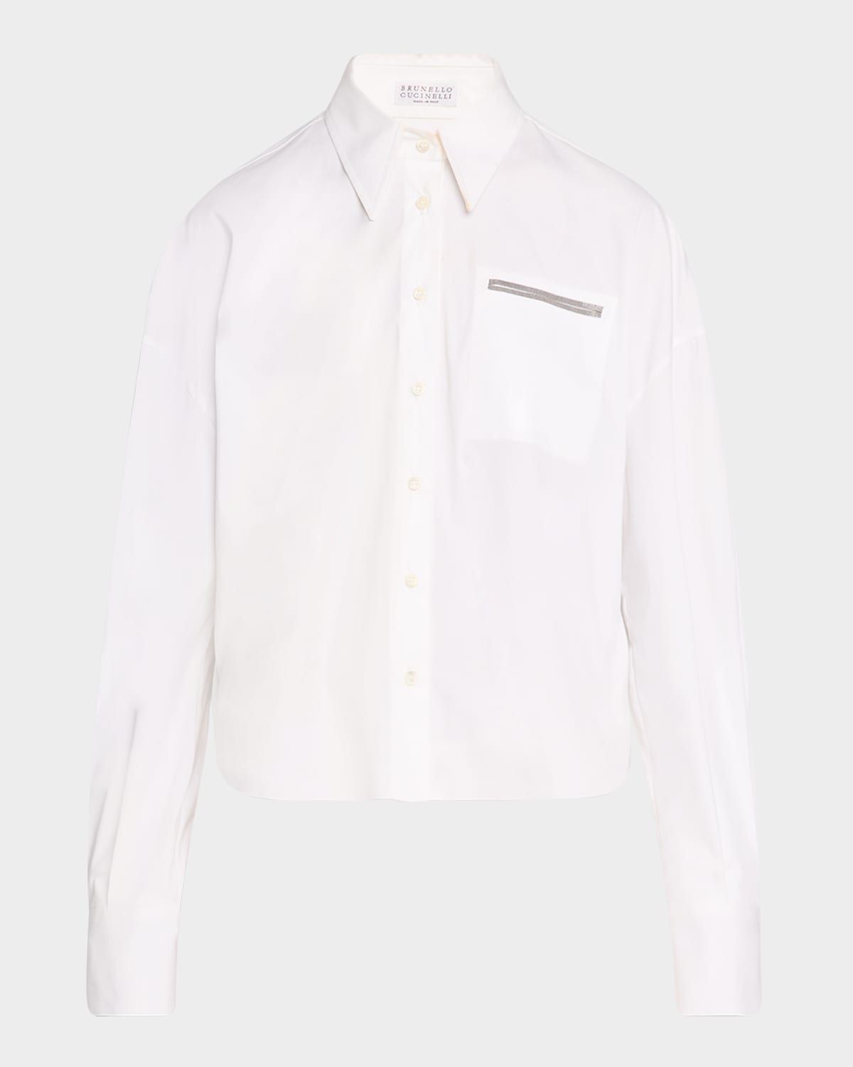 Cotton Poplin Button-Front Shirt with Monili Detail