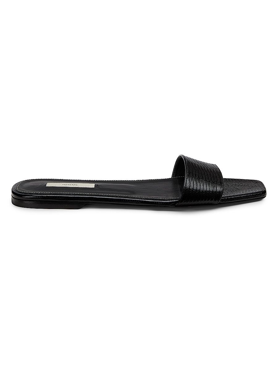Women's Slim Lizard-Embossed Leather Flat Sandals - Black - Size 11