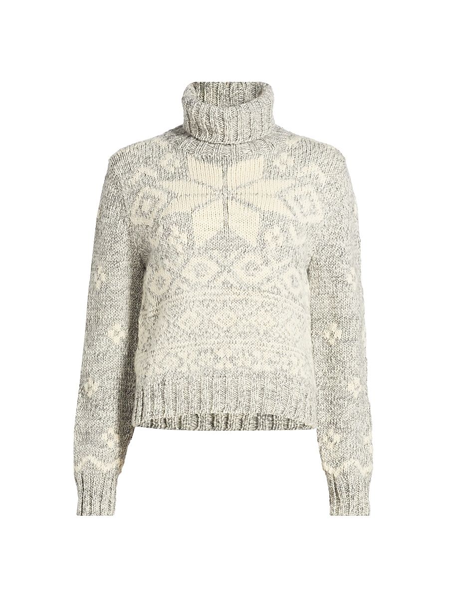 Women's Snowflake Intarsia Wool Turtleneck Sweater - Grey Cream - Size Small