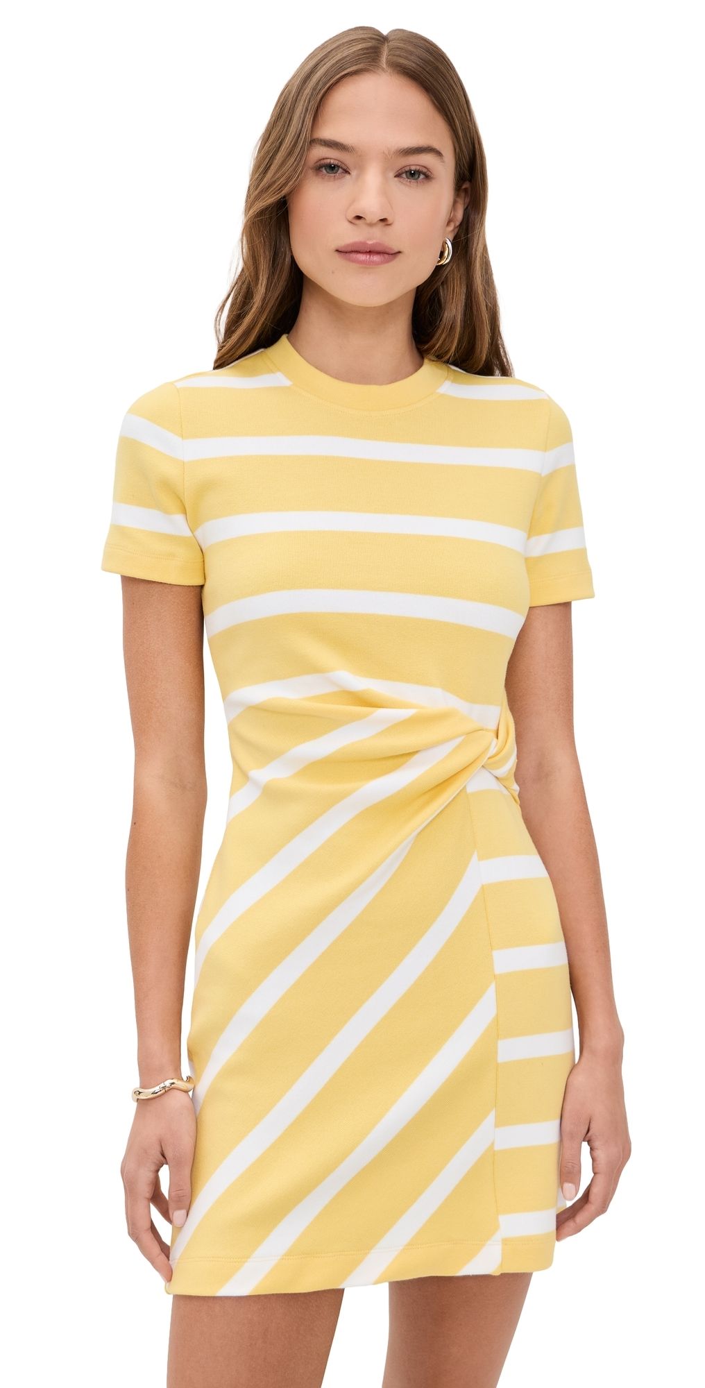 Tanya Taylor Short Short Sleeve Cody Dress Lemon Meringue/White Wide Stripe S