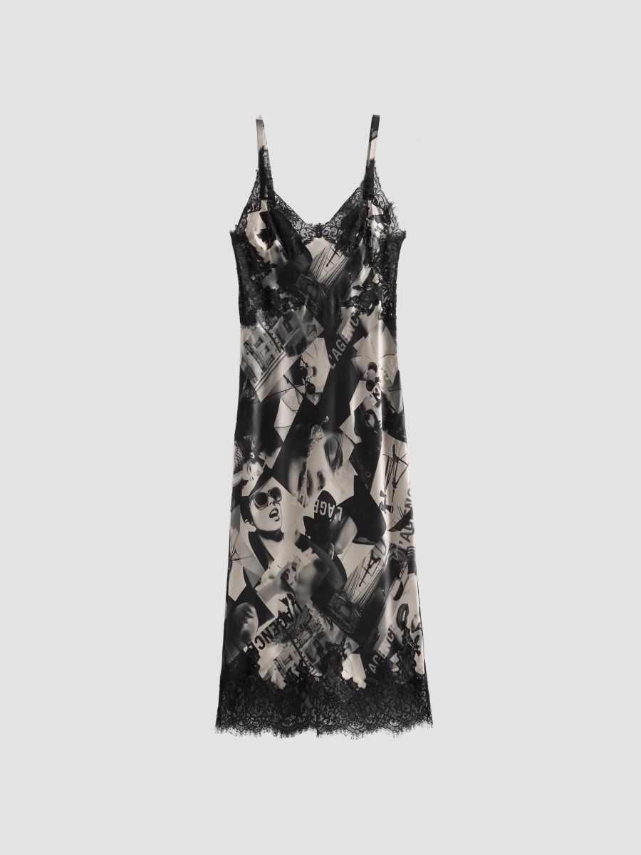 L'AGENCE Women's Victoire Lace-Trim Digital-Print Silk Midi Slipdress - Tan Black Magazine - Size 0