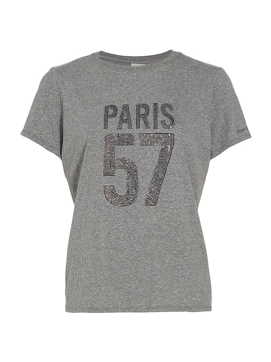 Women's Paris 57 EmbellishedCotton-Blend Short-Sleeve T-Shirt - Heather Grey Silver - Size XL
