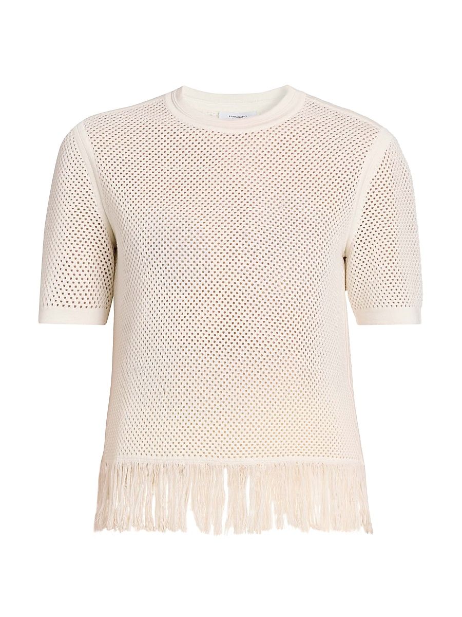 Women's Virgin Wool Mesh-Knit Fringe Sweater - White - Size Small