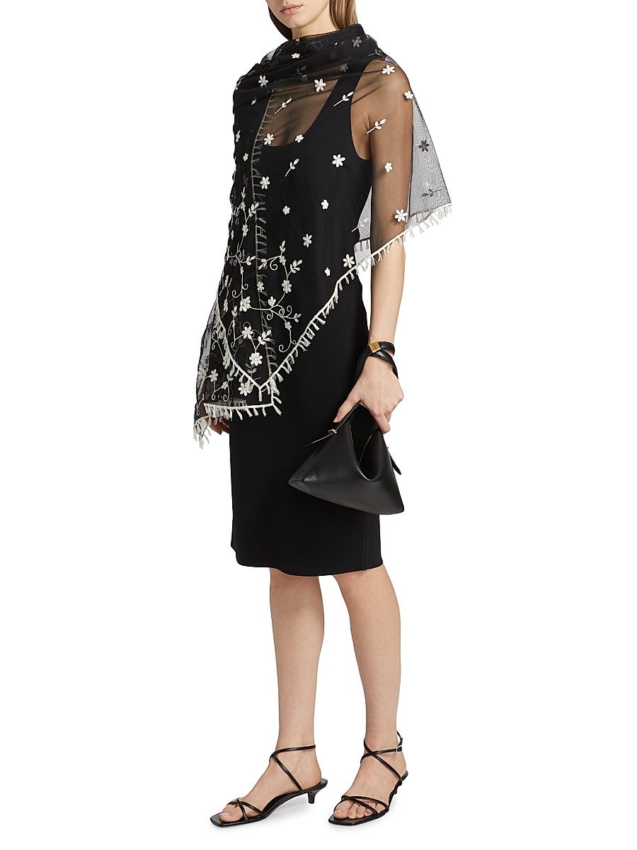 Women's Floral-Embroidered Tulle Shawl - Black White