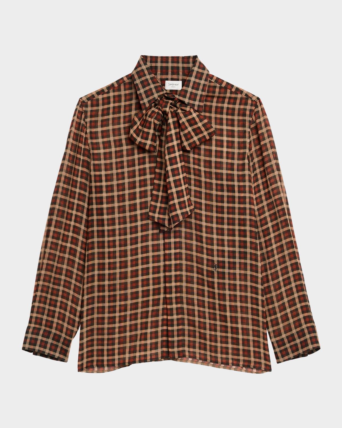 Bow-Neck Check Vichy Silk Shirt