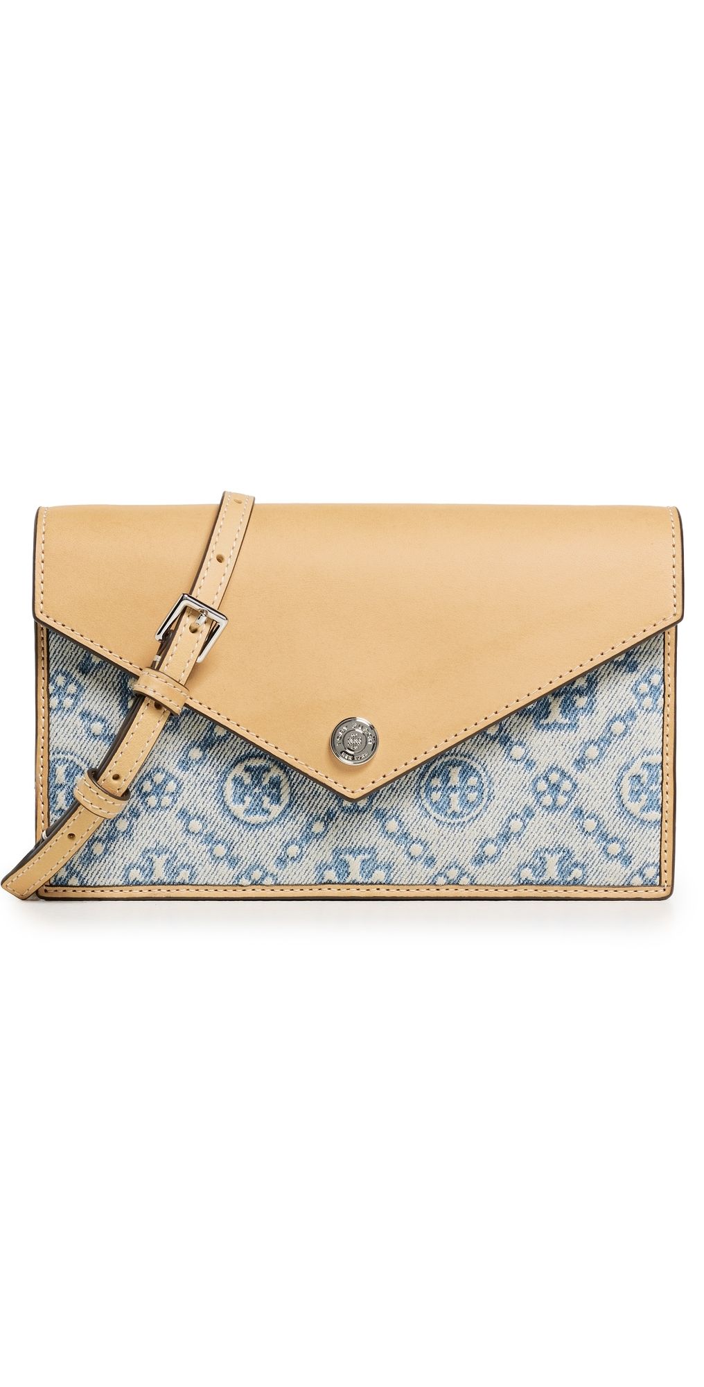 Tory Burch T Monogram Denim Envelope Chain Wallet Powder Blue One Size