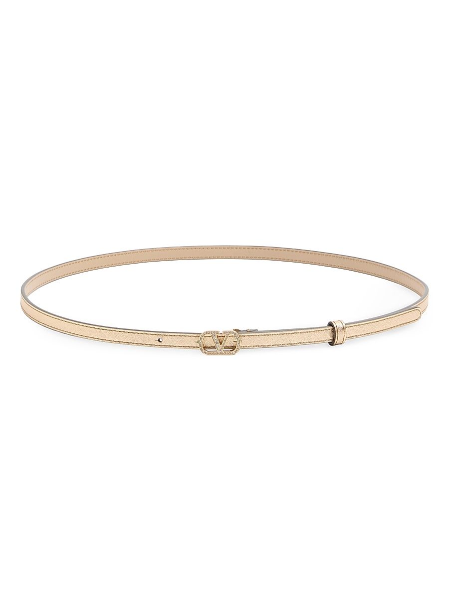 Women's VLogo Signature Belt in Laminated Calfskin with Crystals, 10MM - Gold Crystal - Size Large