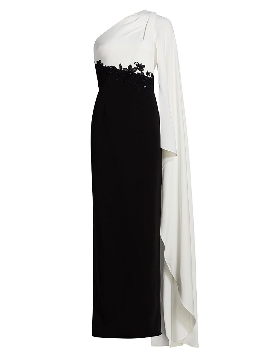 Women's One-Shoulder Cape-Sleeve Gown - Black White - Size 18