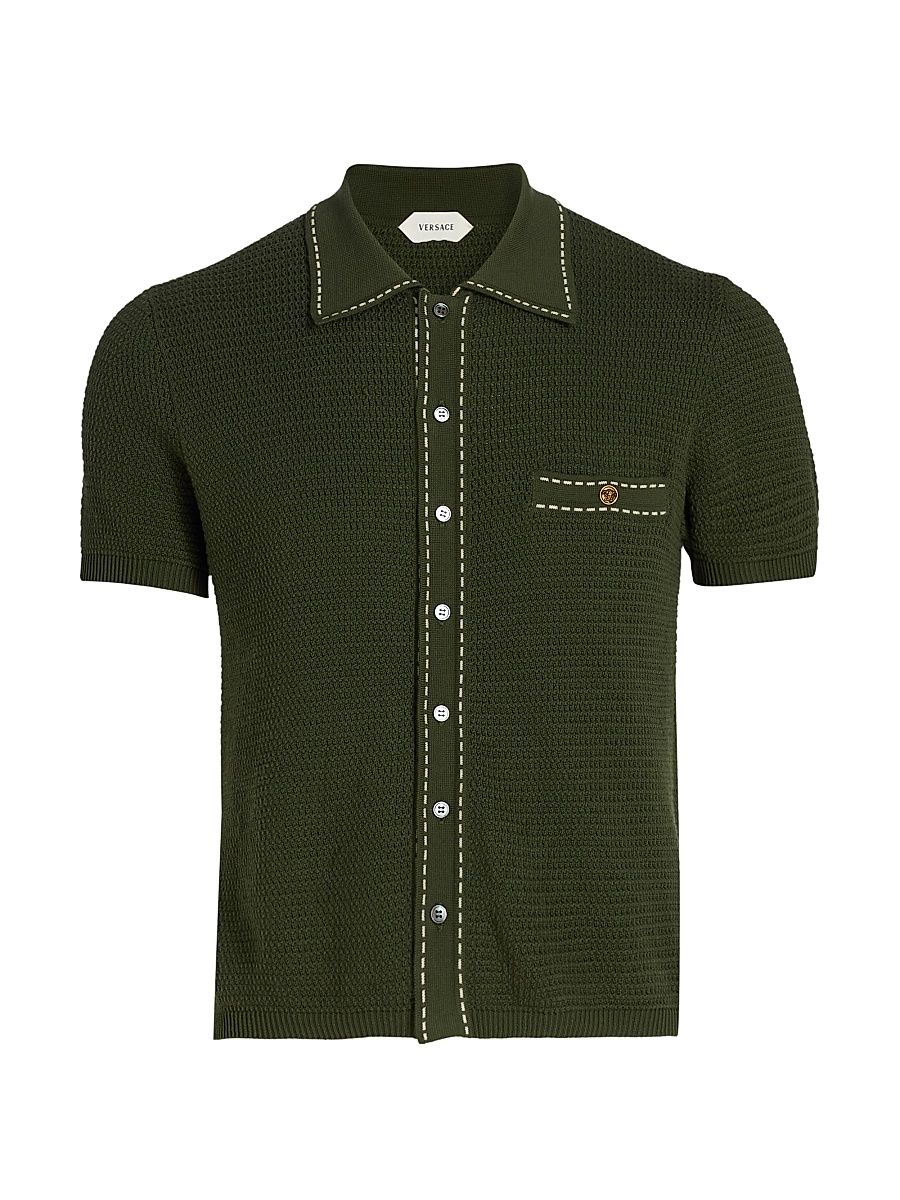 Men's Cotton Button-Front Short-Sleeve Sweater - Dark Olive - Size 44