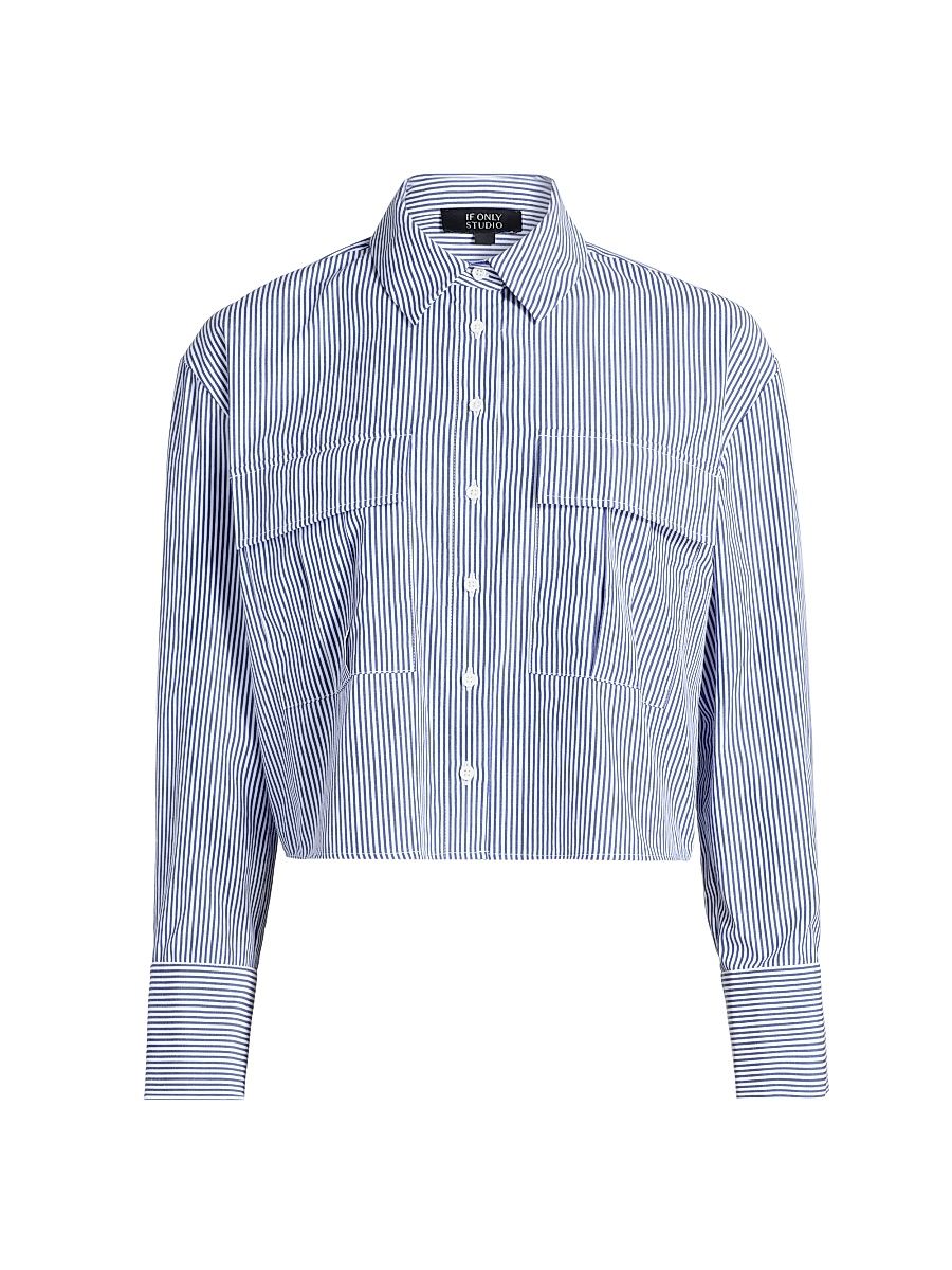 Women's Cropped Striped Nylon Blouse - Navy White - Size Large