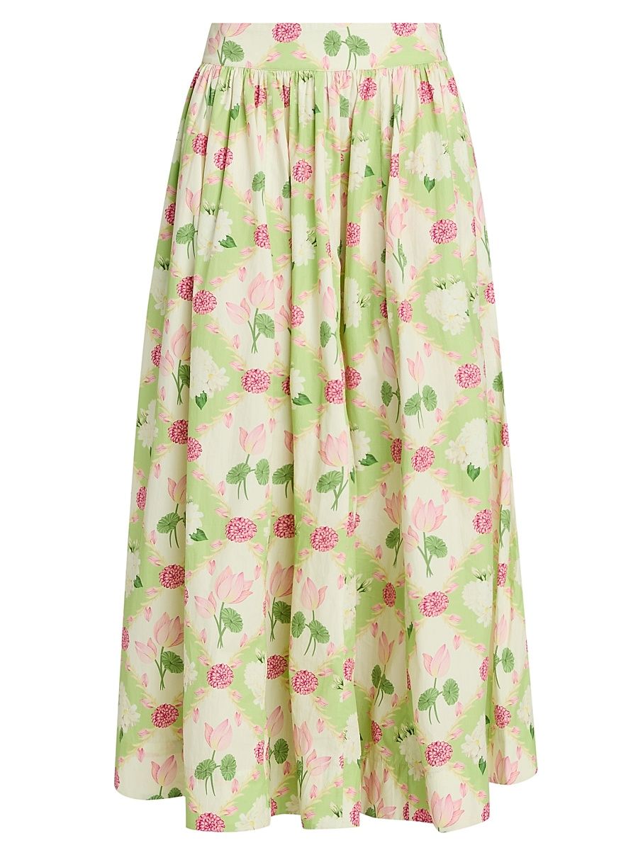 Women's Floral Paneled Cotton Maxi Skirt - Sage Green And Ivory Lotus - Size Large