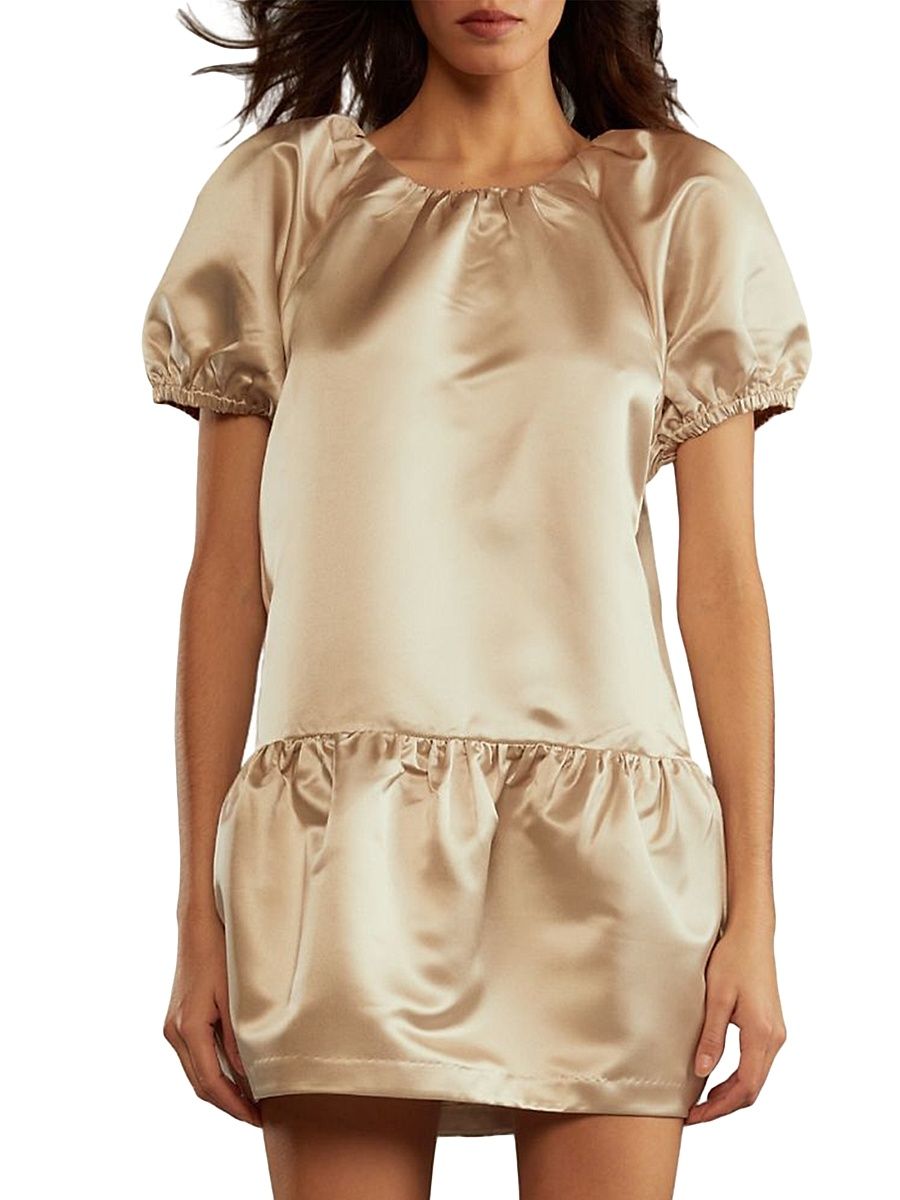Women's Tulip Puff-Sleeve Satin Minidress - Champagne - Size Large