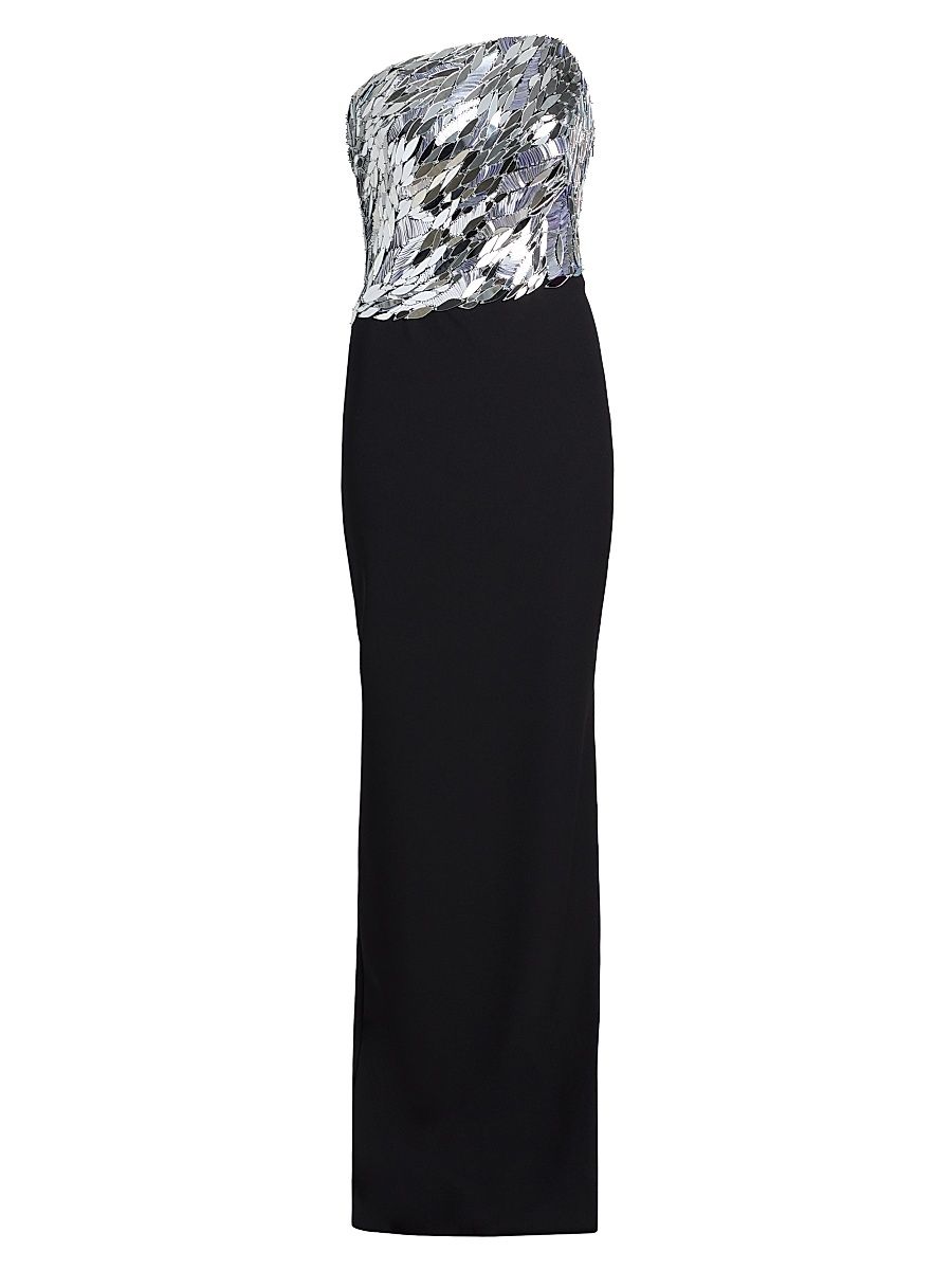 Women's Mirror Embellished Mixed Media Gown - Black Silver - Size 6