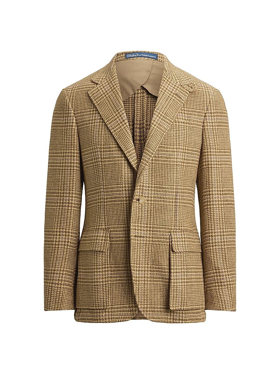 Men's Glen Check Linen-Blend Blazer - Tan Brown Lavender Deco - Size 46