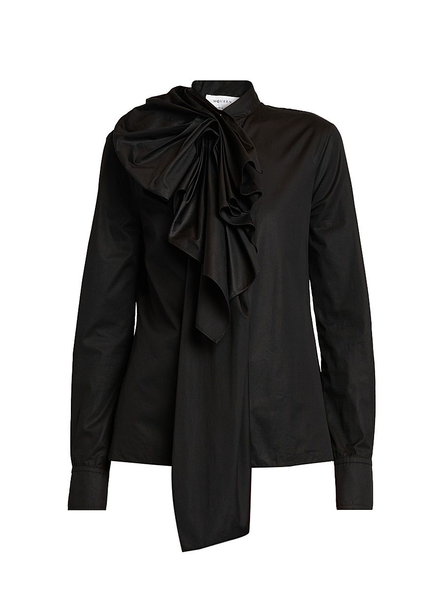 Women's Bow Long-Sleeve Cotton Shirt - Black - Size 10