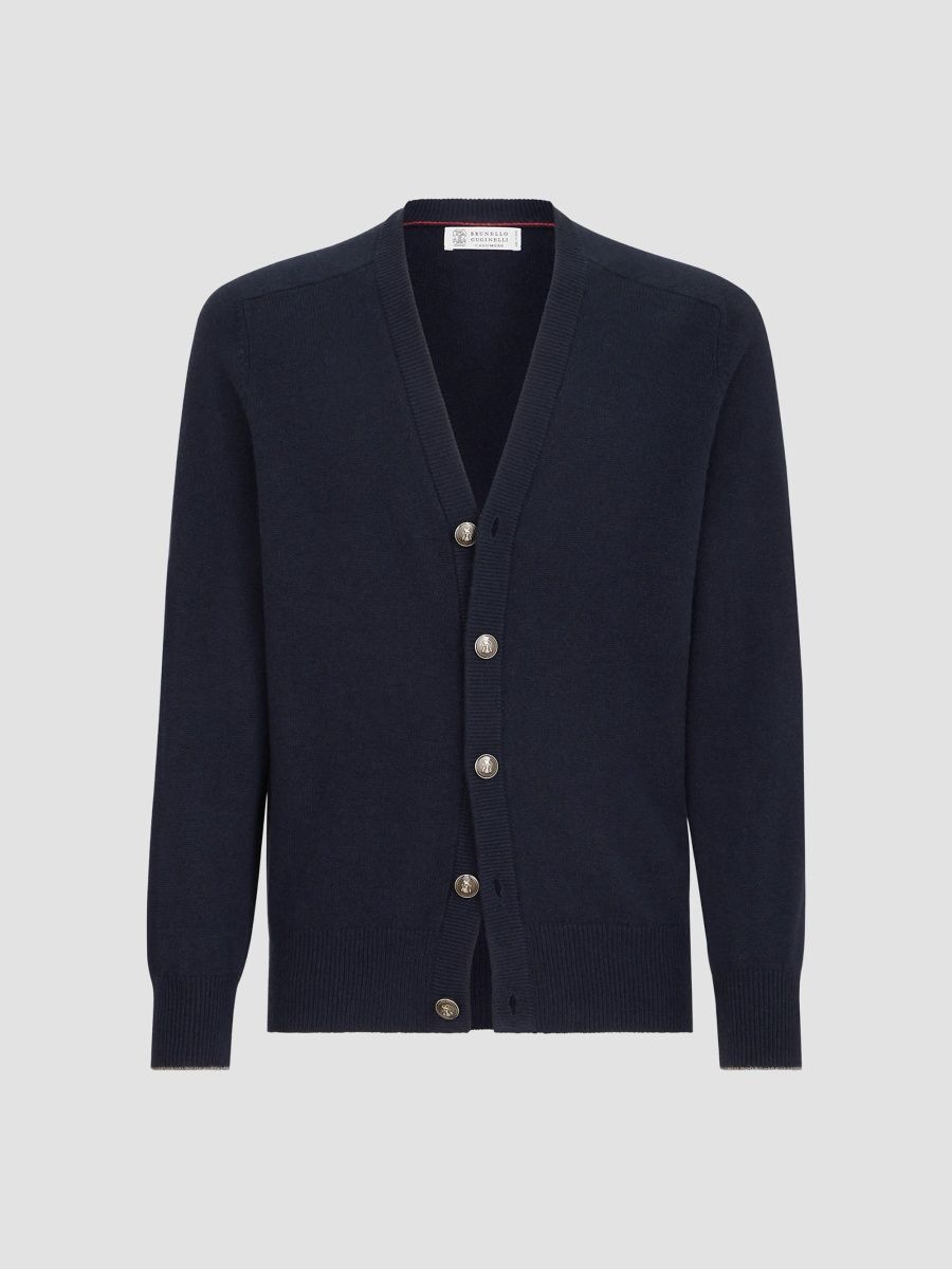 Brunello Cucinelli Men's Cashmere Cardigan with Metal Buttons - Navy Blue - Size 50