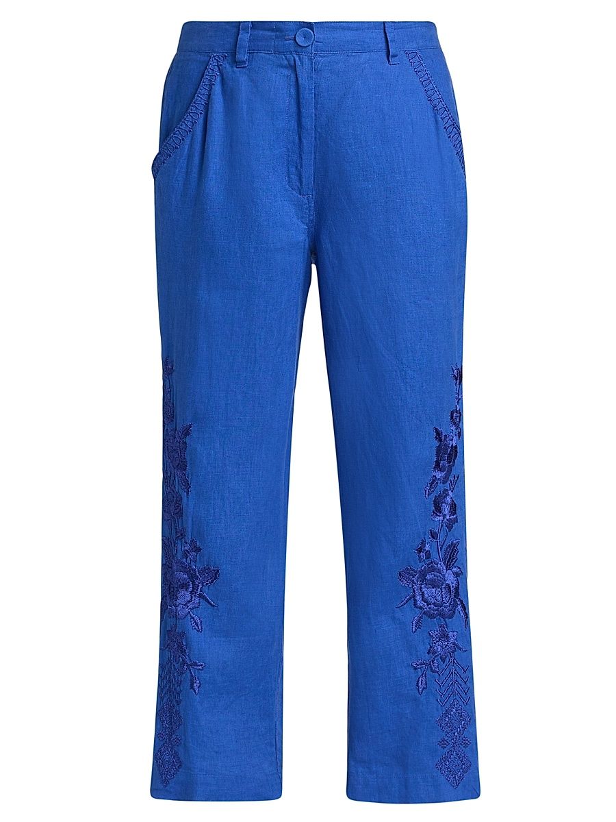 Women's Carmelita Embroidered Linen Crop Pants - Admiral Blue - Size XL