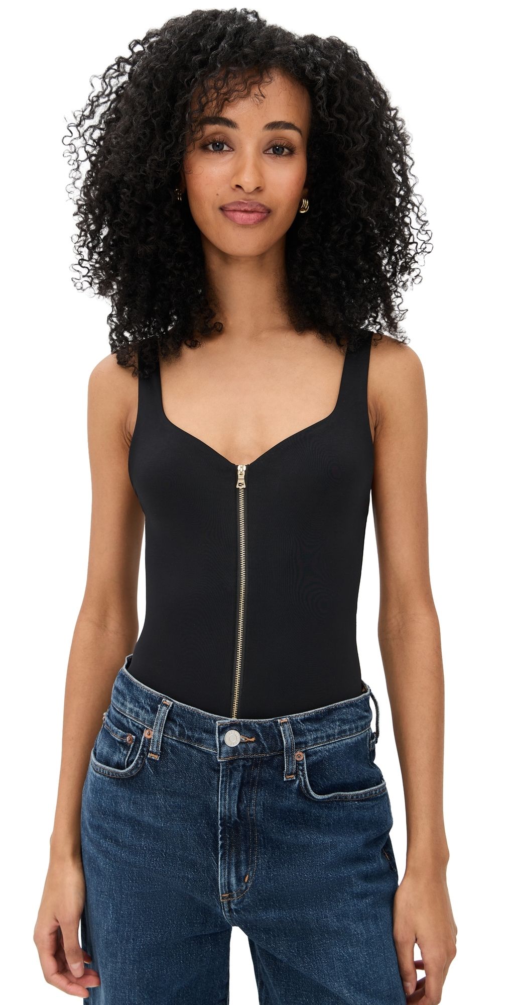ALICE + OLIVIA Eve Zip Front Thong Bodysuit Black S