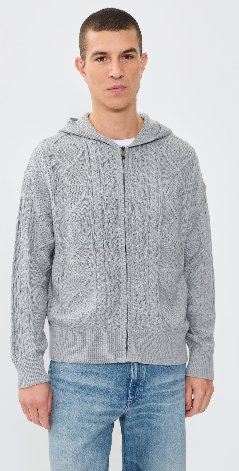 ASHER Liam Cable Knit Zip-Up Cardigan Heather Grey S