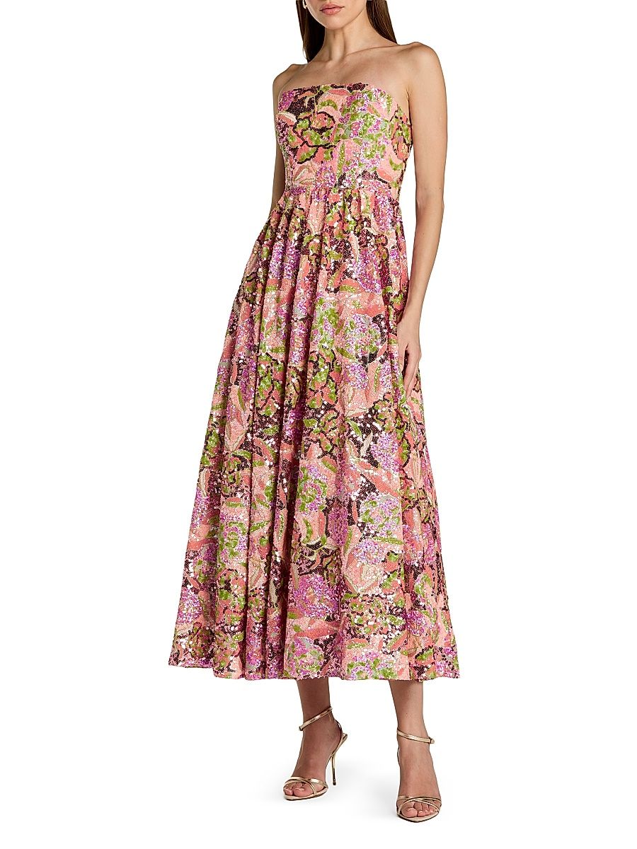 Women's Floral Sequined A-Line Midi-Dress - Orchid Multi - Size 16