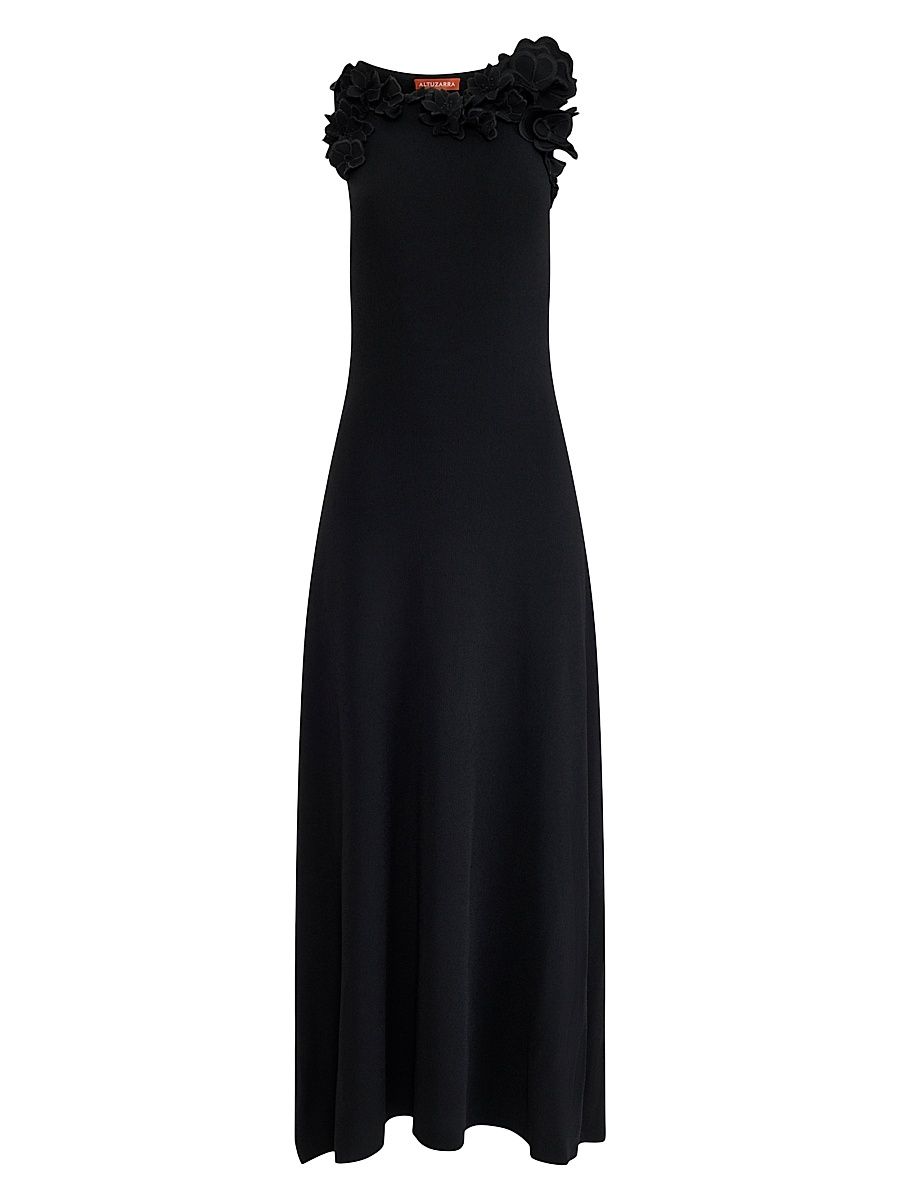 Women's Woolfe Floral Appliqué Column Gown - Black - Size Large