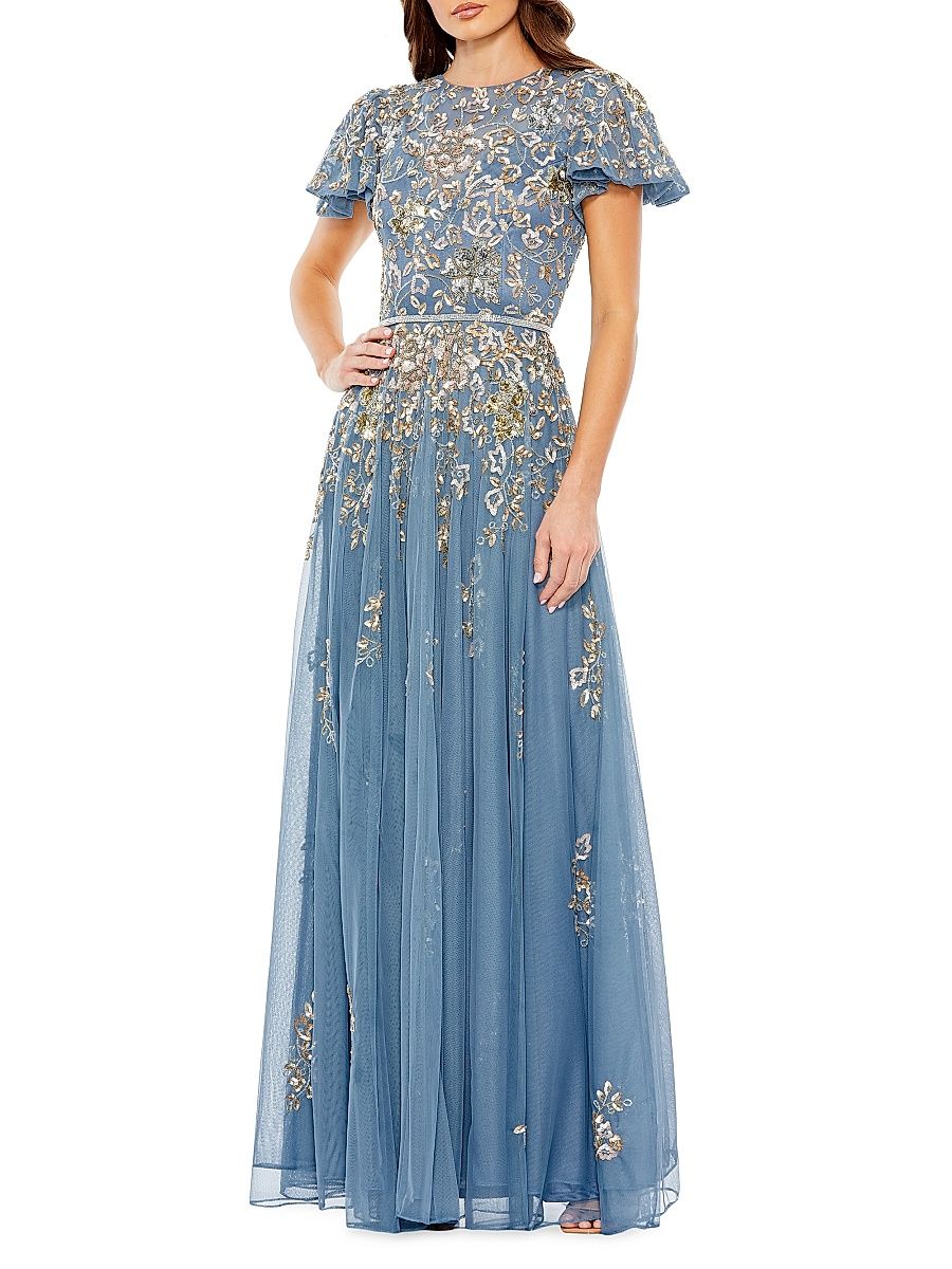 Women's Floral-Embroidered Tulle Gown - Slate Blue - Size 20