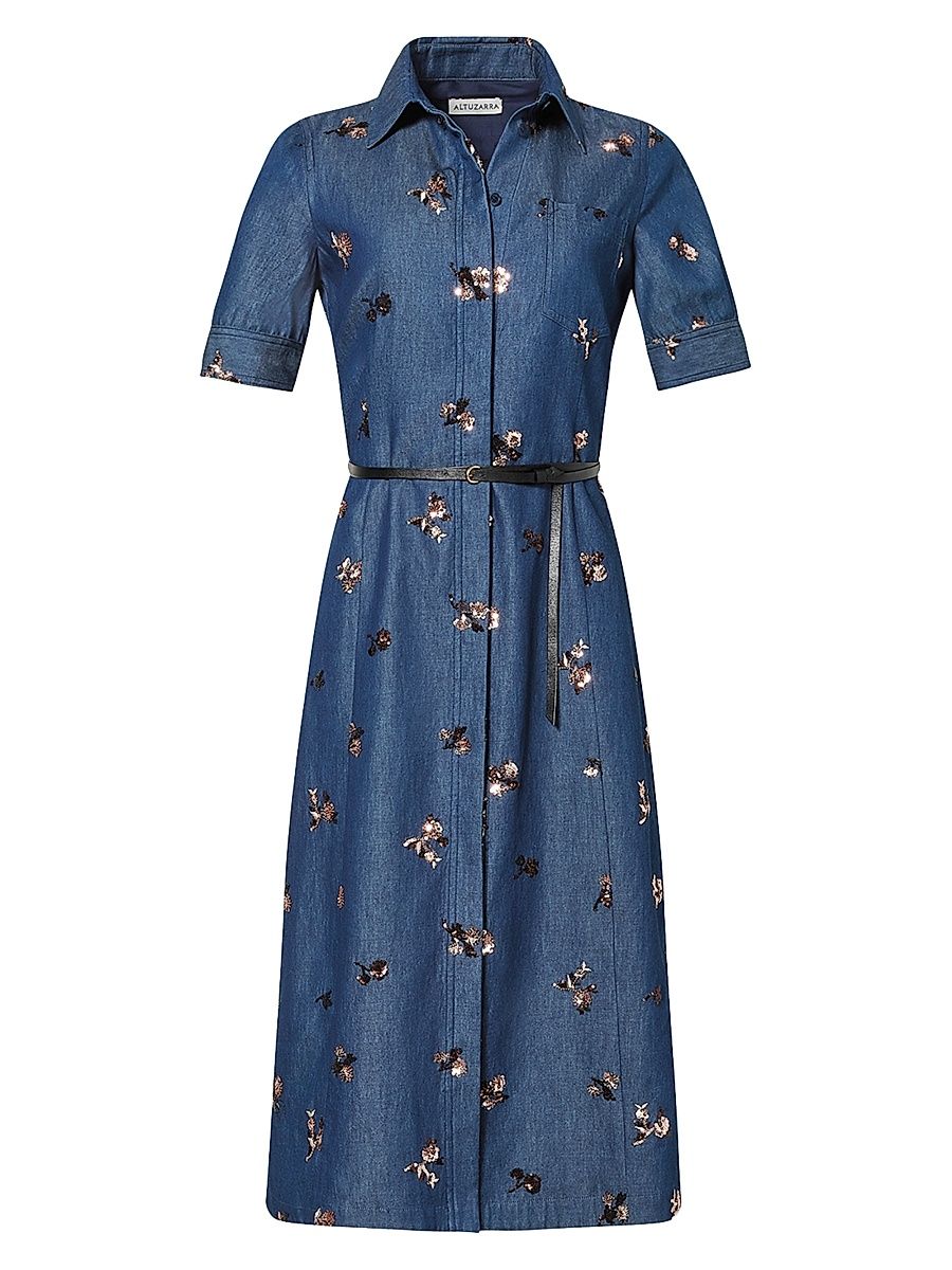 Women's Kieran Embellished Denim Midi-Shirtdress - Midnight - Size 14