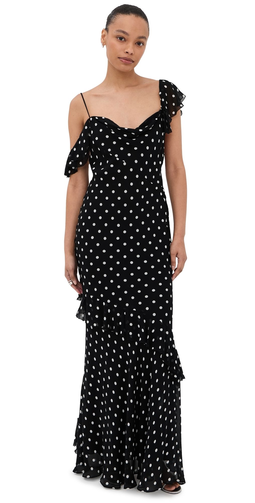Self Portrait Polka Dot Georgette Ruffle Dress Black 8