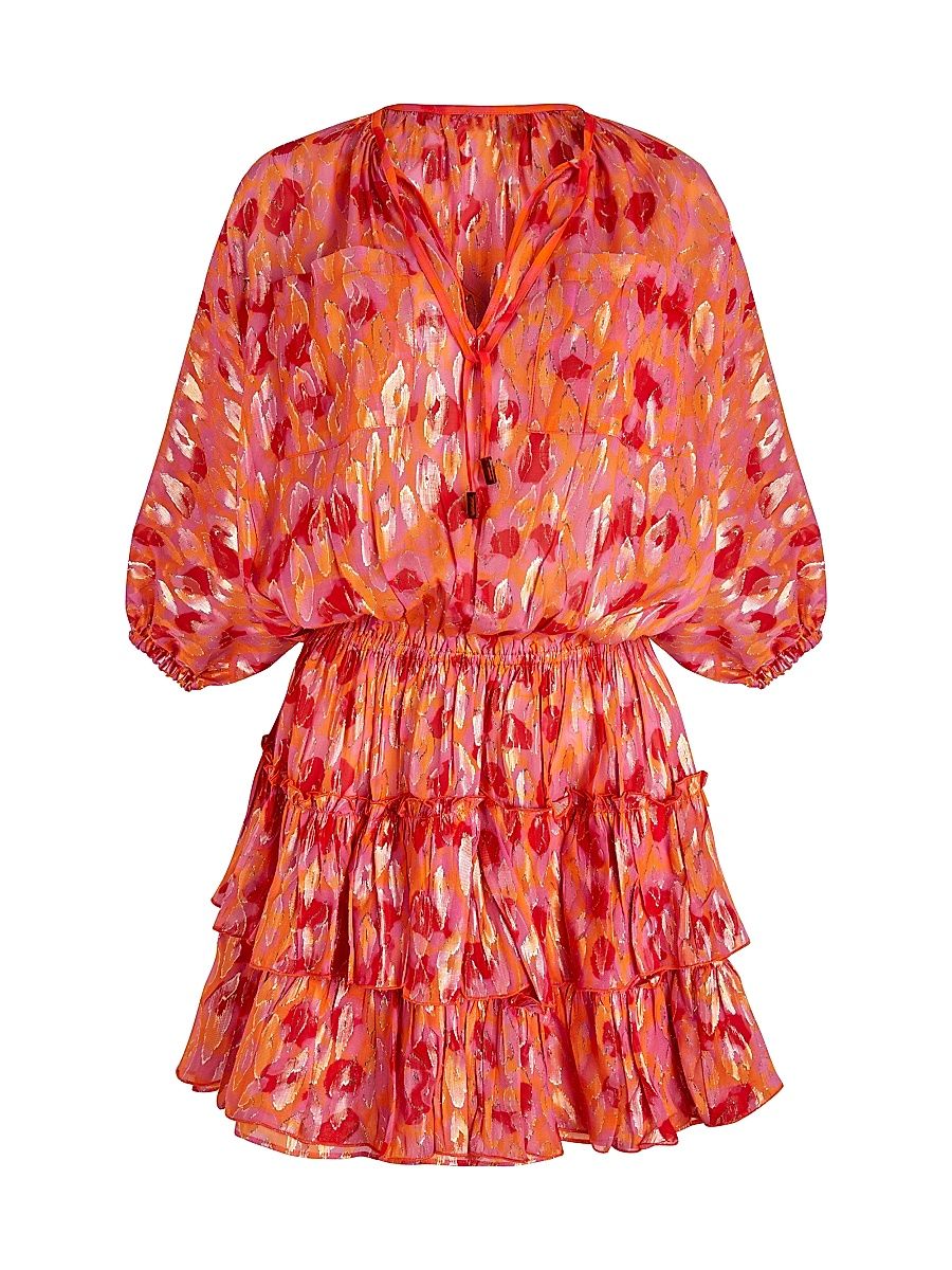 Women's New Leopard Metallic Balloon-Sleeve Minidress - Apricot - Size Small