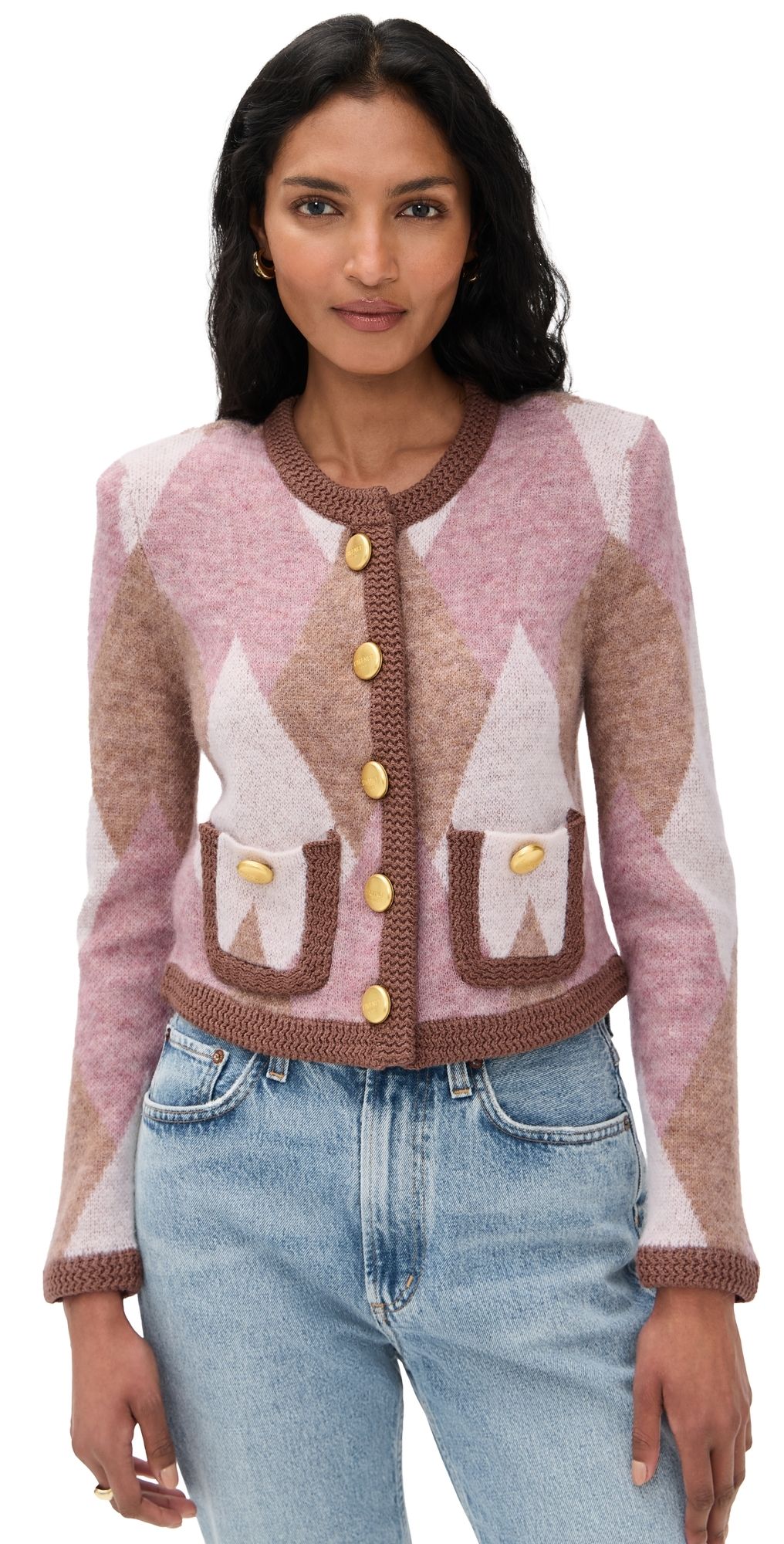 L'AGENCE Siobhan Fuzzy Argyle Cardigan Natural/Mauve Argyle XL