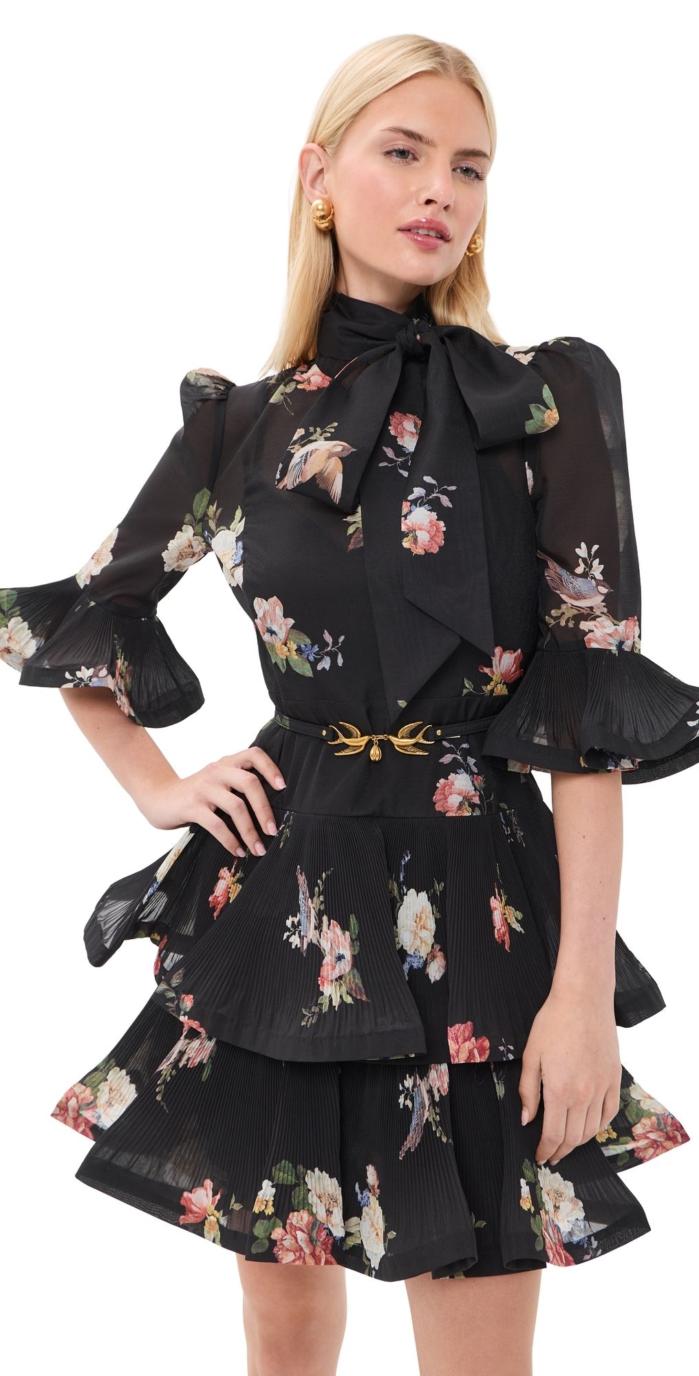 Zimmermann Pleated Sleeved Mini Dress Black Bird Print 1