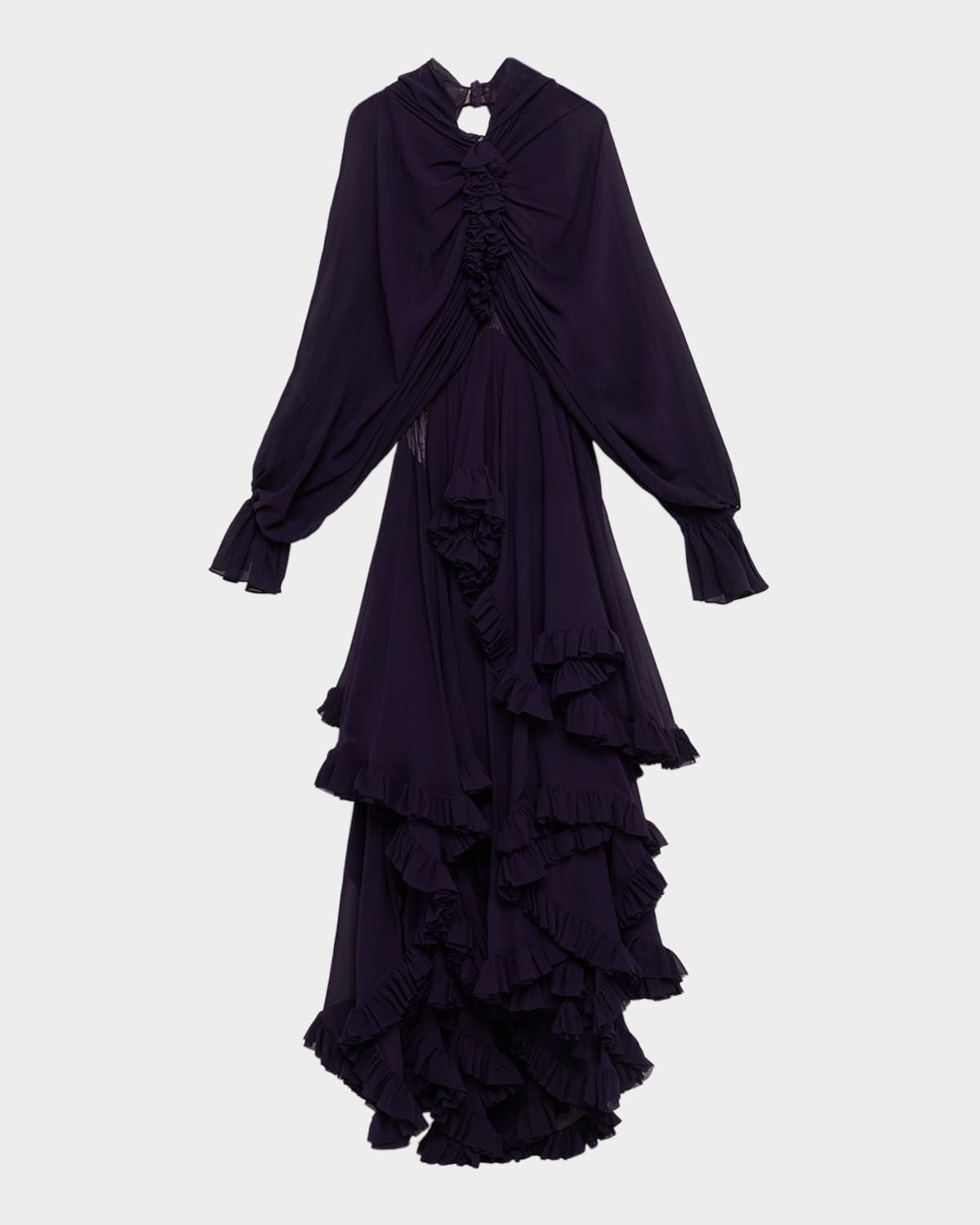 Draped Open-Back Ruffle Cape Gown