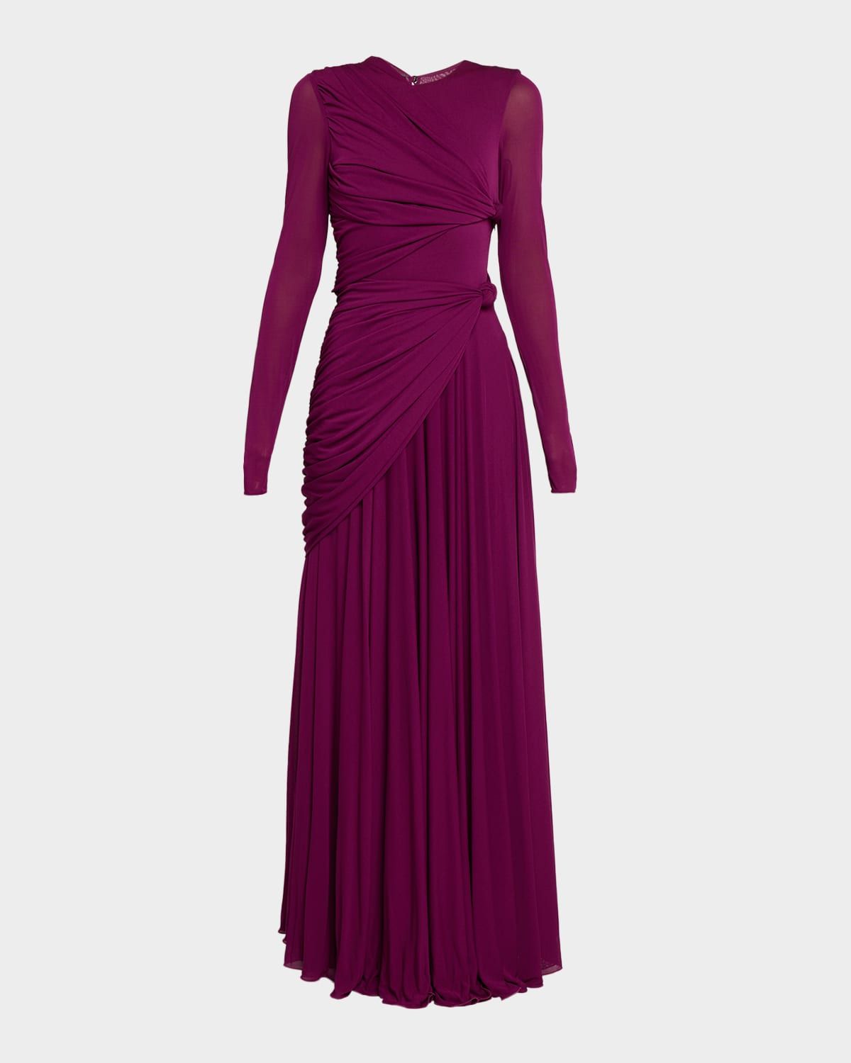 Knot Draped Jersey Long-Sleeve Maxi Dress