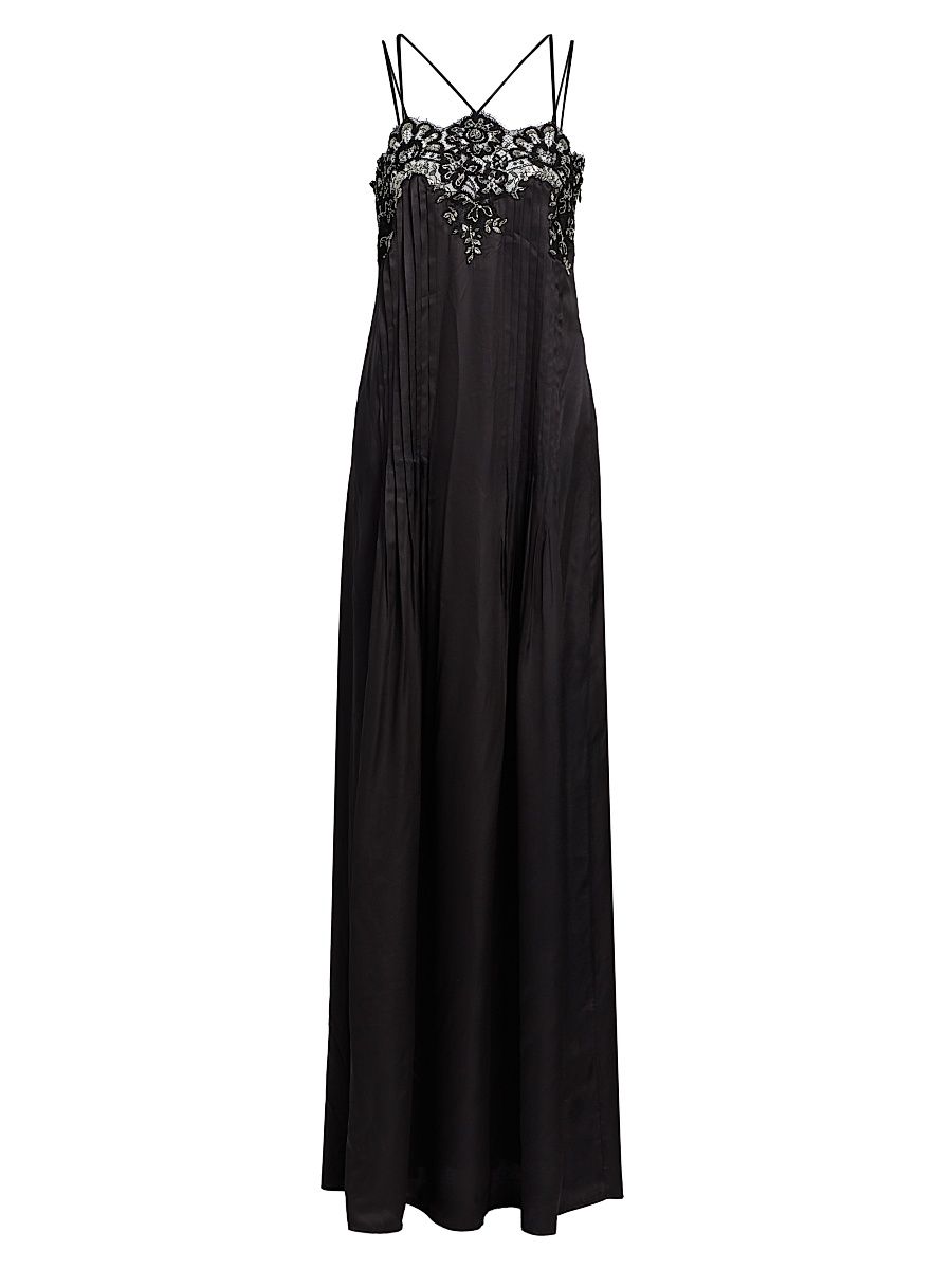 Women's Lace Embellished Pleated Gown - Black - Size 6