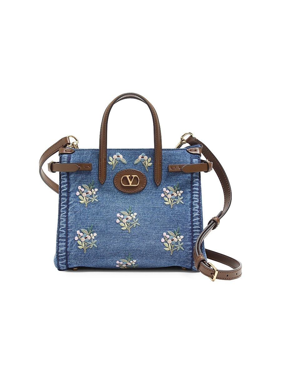 Women's Antibes Small Embroidered Shopping Bag in Denim - Denim