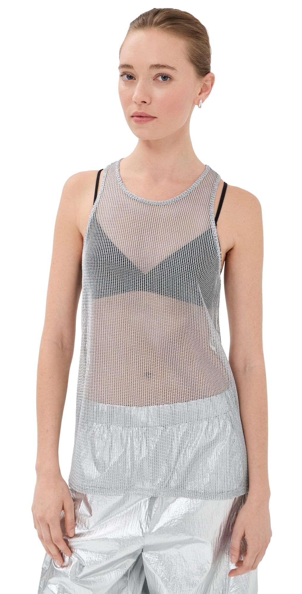 Tibi Viscose Metallic Ribbed T Tank Silver S