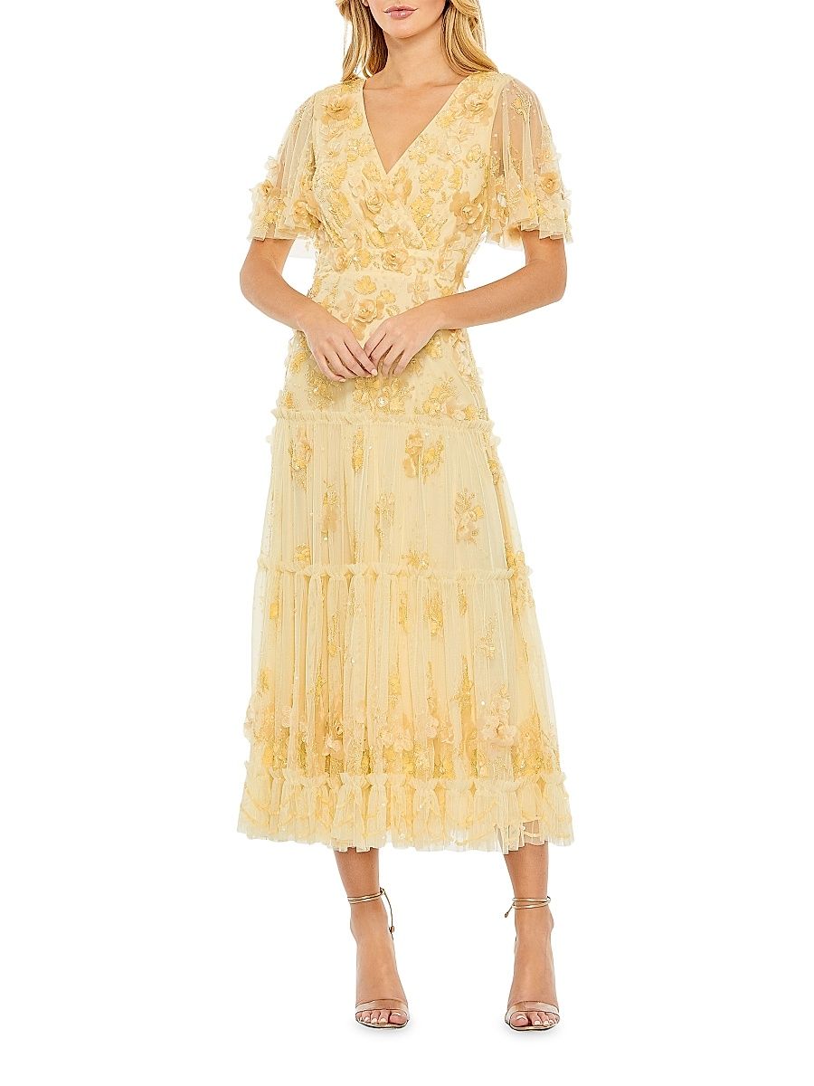 Women's Floral Embellished Tiered Midi-Dress - Butter - Size 16